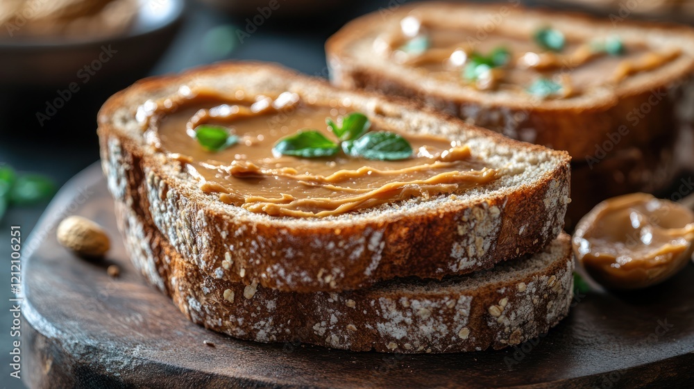 Freshly toasted slices of whole grain bread topped with creamy peanut butter and garnished with mint leaves, set on a rustic wooden board with a blurred bowl of nuts in the background Freshly toasted slices of whole grain bread topped with creamy peanut butter and garnished with mint leaves, set on a rustic wooden board with a blurred bowl of nuts in the background