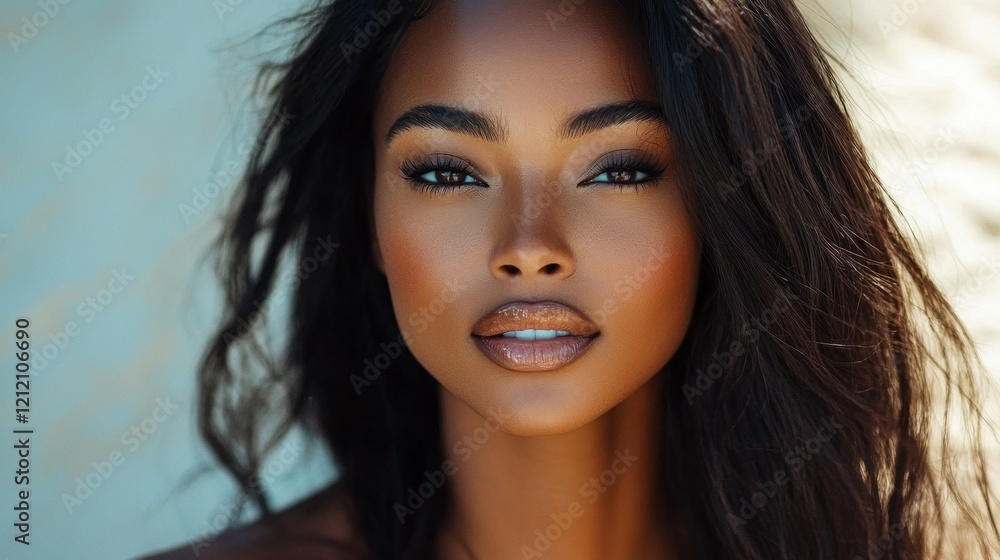 Portrait of a striking black woman model with long hair, emanating confidence and grace against a softly lit background, capturing her beauty and poise beneath natural light Portrait of a striking black woman model with long hair, emanating confidence and grace against a softly lit background, capturing her beauty and poise beneath natural light