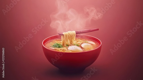 A steaming bowl of ramen noodles with chopsticks, garnished with green onions and slices of egg, set against a warm pink background, evoking a cozy dining atmosphere photo