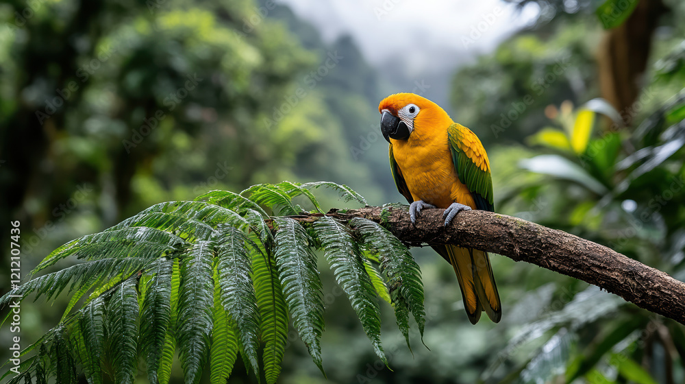 vibrant parrot perched on branch in lush rainforest setting vibrant parrot perched on branch in lush rainforest setting
