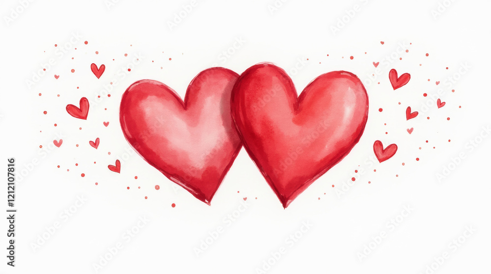 Two red watercolor hearts on white background, illustration, valentine day Two red watercolor hearts on white background, illustration, valentine day