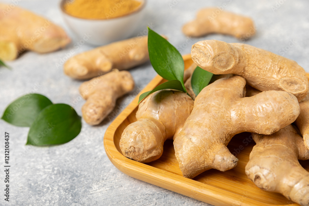 Fresh ginger on wooden background. Dry ginger. Sliced ginger with honey and lemon. Ginger root. Traditional alternative medicine, healing tea for immunity. Seasoning and spices concept. Copy space. Fresh ginger on wooden background. Dry ginger. Sliced ginger with honey and lemon. Ginger root. Traditional alternative medicine, healing tea for immunity. Seasoning and spices concept. Copy space.