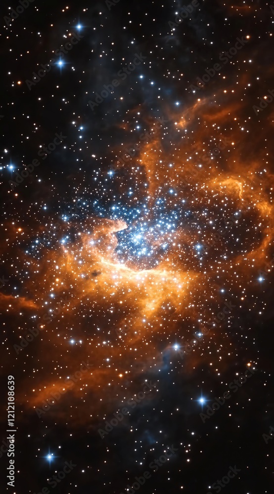Naklejka premium A cluster of stars in the middle, with an orange and blue nebula on top