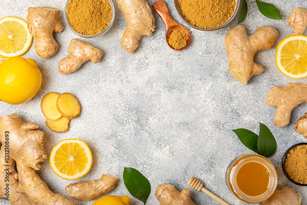 Fresh ginger on wooden background. Dry ginger. Sliced ginger with honey and lemon. Ginger root. Traditional alternative medicine, healing tea for immunity. Seasoning and spices concept. Copy space. Fresh ginger on wooden background. Dry ginger. Sliced ginger with honey and lemon. Ginger root. Traditional alternative medicine, healing tea for immunity. Seasoning and spices concept. Copy space.