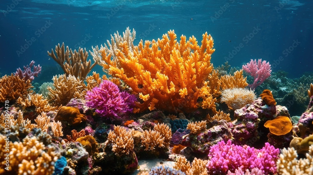 Obraz premium Vibrant coral reef underwater scene, ocean background, marine life, nature photography, suitable for travel brochures
