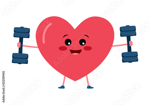 Cute heart cartoon exercise with dumbbells in flat design on white background. Strong healthy heart concept.
