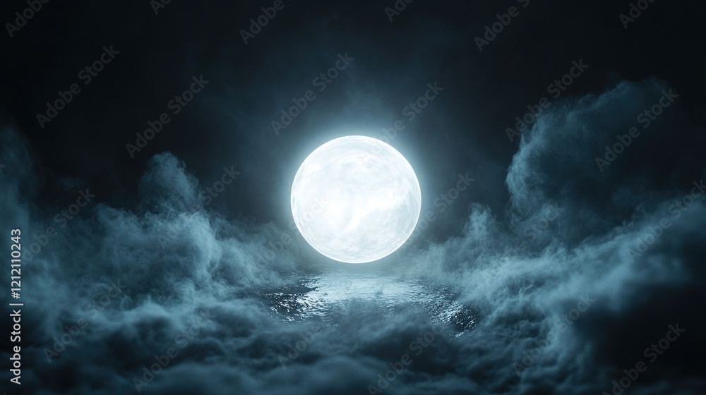 Fototapeta premium A glowing orb floating in the center of the frame, surrounded by smoke and mist, a dark background