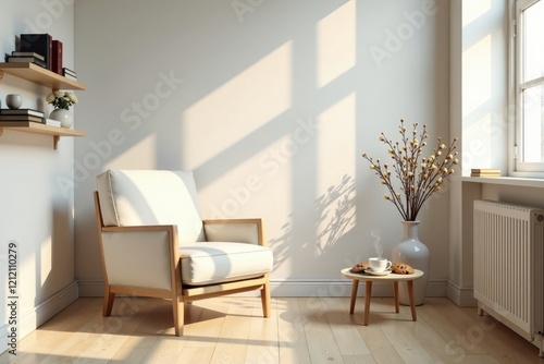 Serene Living Room with Sunlight Streaming Through Window  Accentuated by a Comfortable Armchair and Side Table with Refreshments