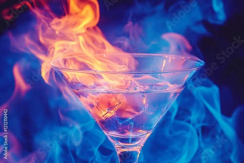 cocktail alcohol drink in martini glass with blue smoke and burning fire isolated on dark background, creating neon color impression in glass photo