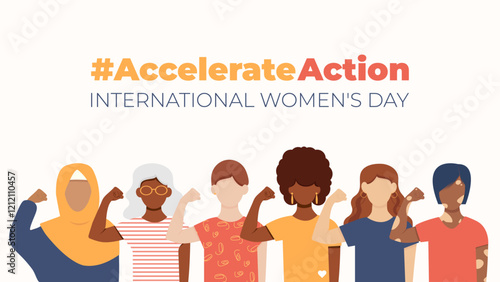 International Women's Day. #AccelerateAction. Women of different ethnicities. Horizontal Banner. Faceless vector illustration isolated on white background.