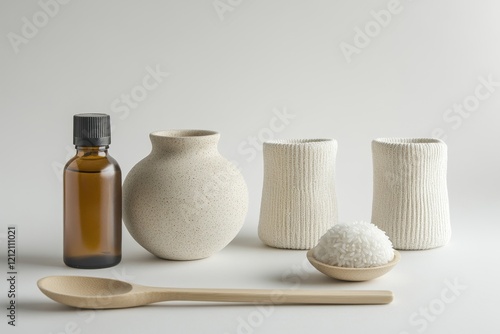 Spa still life with rice, oil, and vessels. photo