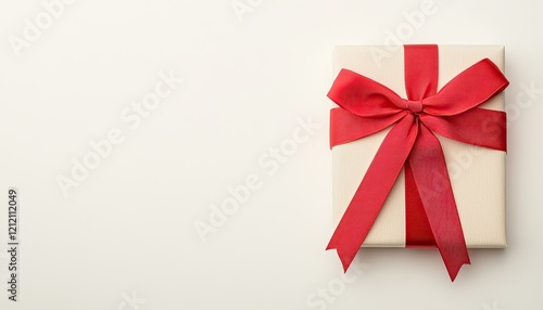 A beautifully wrapped gift box with a red ribbon, placed on a clean, neutral background