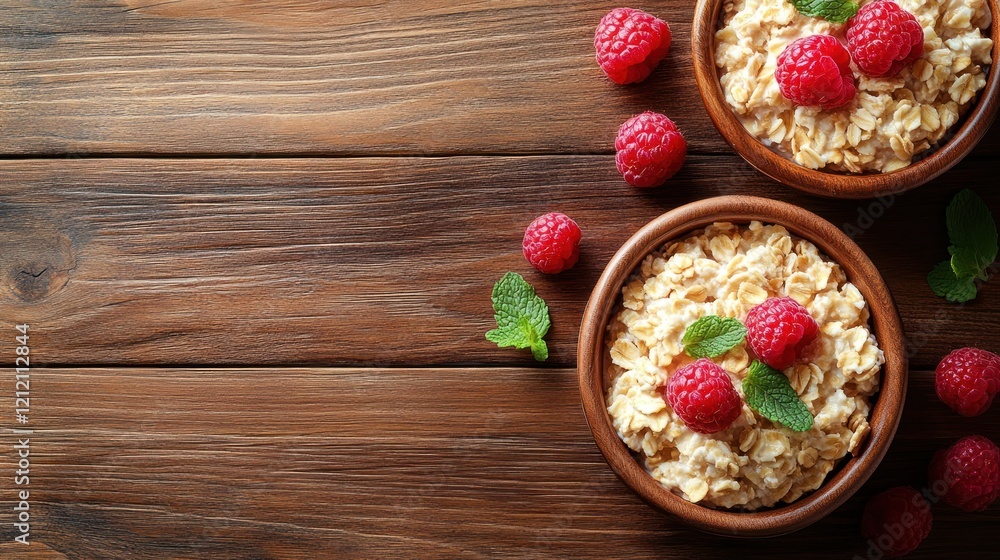 Oatmeal, raspberries, wood, breakfast, healthy, food, bowls, overhead, recipe, blog Oatmeal, raspberries, wood, breakfast, healthy, food, bowls, overhead, recipe, blog