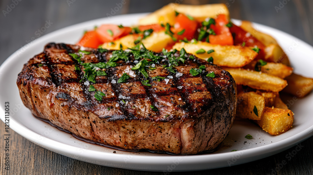 Juicy steak served with crispy fries and fresh tomato garnish Juicy steak served with crispy fries and fresh tomato garnish