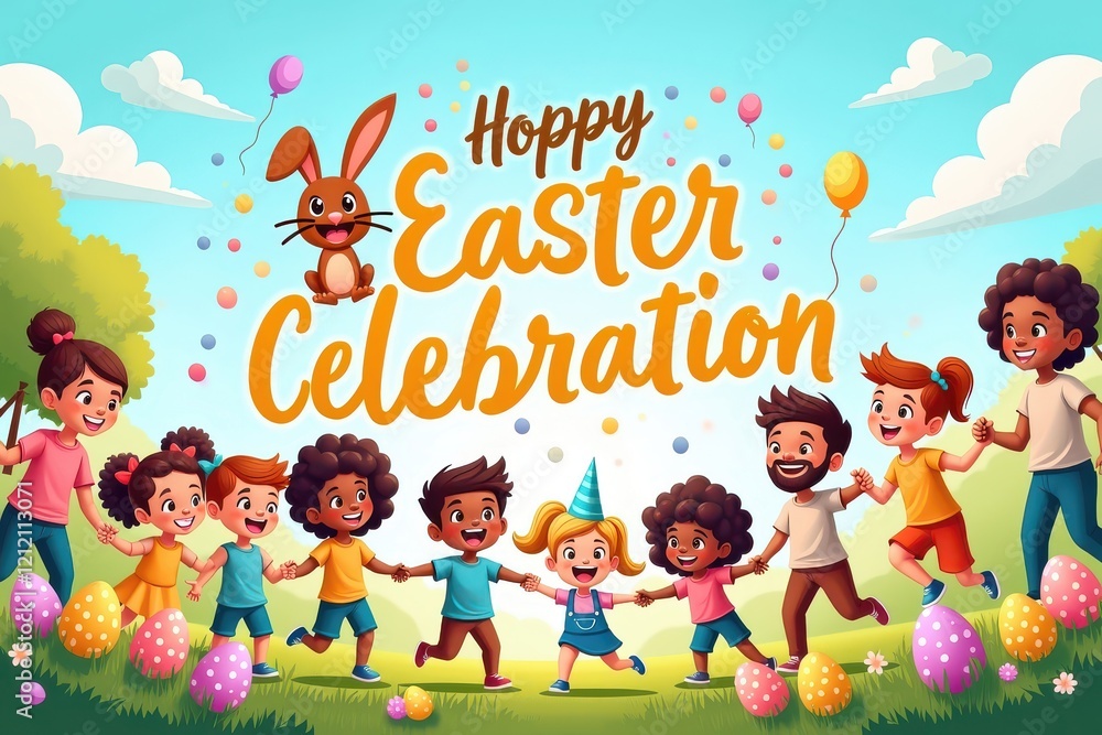 Children enjoy a playful Easter celebration with colorful decorations and cheerful activities in a sunny park Children enjoy a playful Easter celebration with colorful decorations and cheerful activities in a sunny park