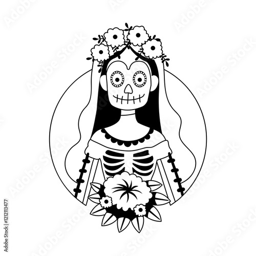 Muertos bride character illustration in glyph style 