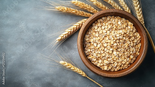 Oats bowl, wheat, gray background, healthy food photo