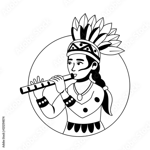 A glyph illustration of a native girl playing flute 