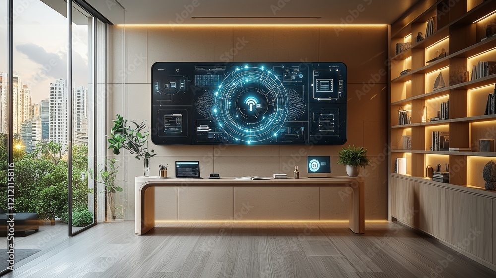 Fototapeta premium Exploring the Future: A High-Tech Room Featuring a Large Screen with an Immersive Futuristic Interface for Ultimate Interior Technology Experience