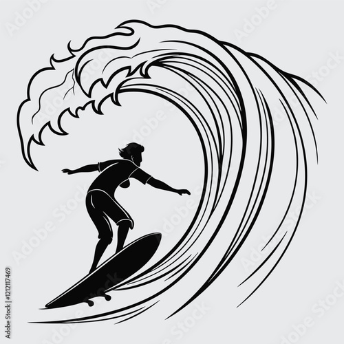 Photography A person surfing a large wave image silhouette vector art and illustration