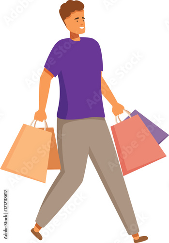 Young man carrying colorful paper bags enjoying shopping, consumerism and retail concept
