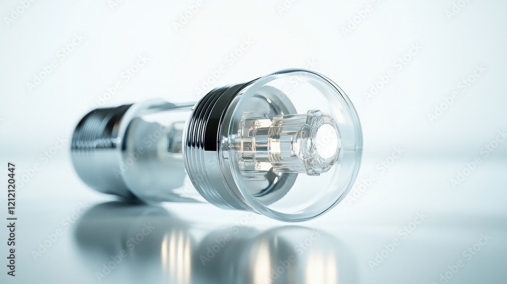 A sleek, modern flashlight lying on a reflective surface, showcasing its design and functionality. A sleek, modern flashlight lying on a reflective surface, showcasing its design and functionality.