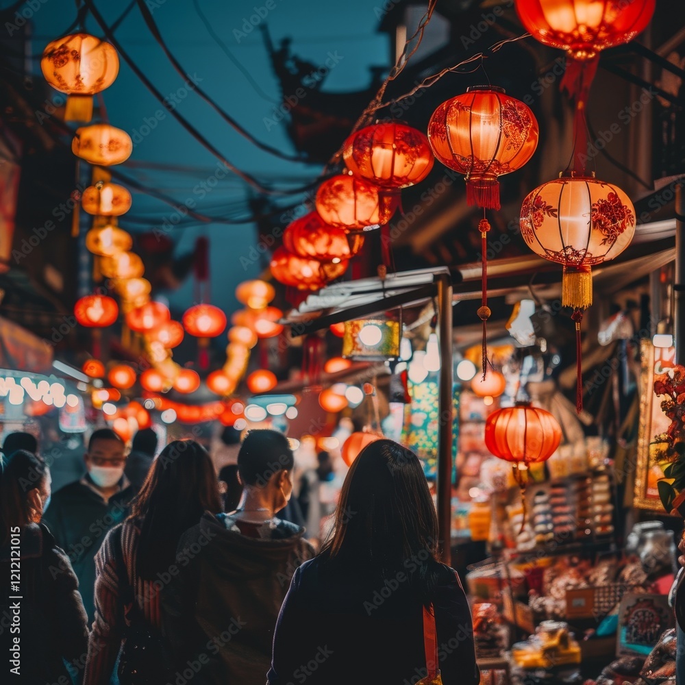 People walk through a bustling night market filled with glowing red lanterns. People walk through a bustling night market filled with glowing red lanterns.