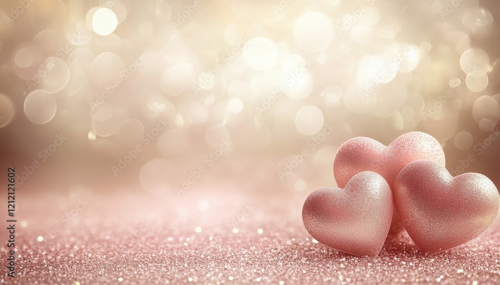 Fototapeta premium Romantic Pink and Gold Hearts on Sparkling Background, Valentine's Day Card Design
