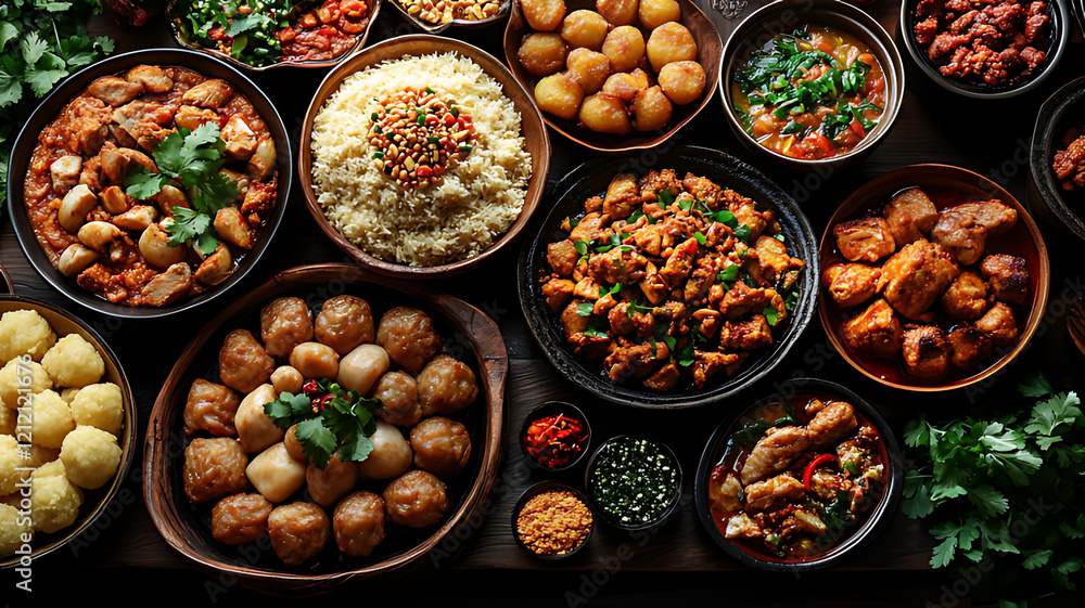 Diverse cuisine, overhead, rustic table, background spices, food blog Diverse cuisine, overhead, rustic table, background spices, food blog