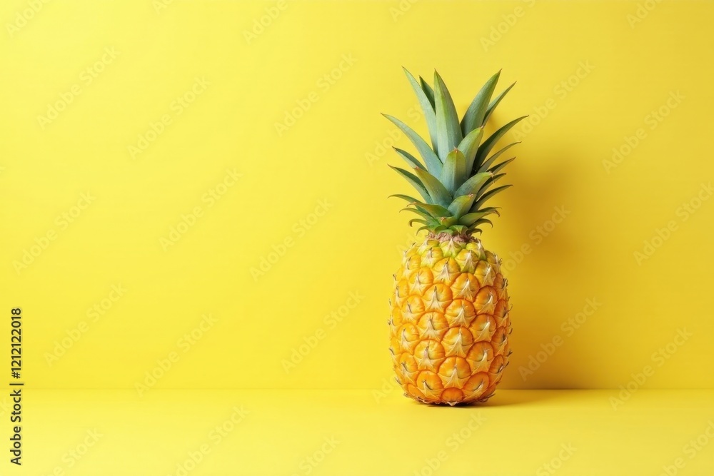 A Vibrant Yellow Background Showcases a Single, Ripe Pineapple, Its Golden Hues and Spiky Crown a Striking Contrast Against the Sunny Setting. A Vibrant Yellow Background Showcases a Single, Ripe Pineapple, Its Golden Hues and Spiky Crown a Striking Contrast Against the Sunny Setting.