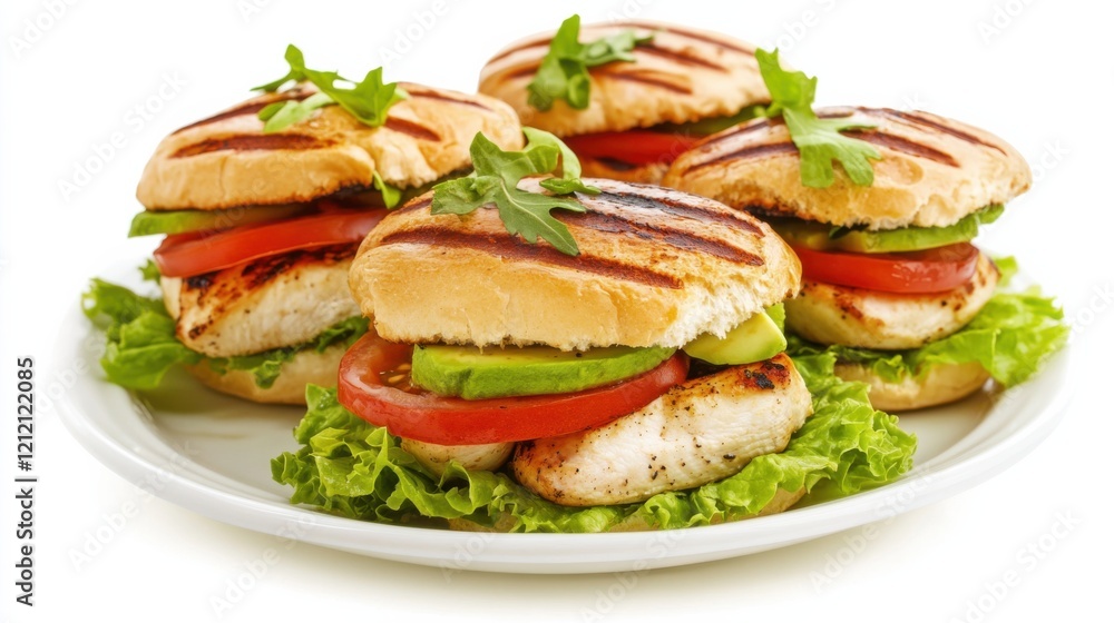 A plate of gourmet chicken avocado burgers with grilled chicken breasts, sliced avocado, lettuce A plate of gourmet chicken avocado burgers with grilled chicken breasts, sliced avocado, lettuce