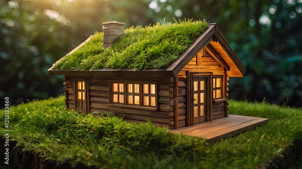 Fototapeta premium Eco-Friendly Wooden Miniature House with Grass Roof 