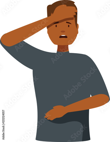 Young man showing despair and frustration, holding his forehead with one hand