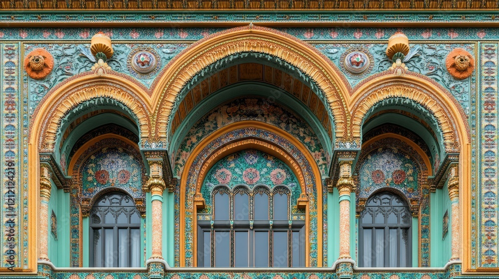 Fototapeta premium Ornate building facade, arched windows, city detail, mosaic design, architectural texture