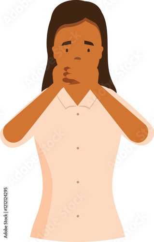 Young female nurse covering her mouth with both hands, expressing fear, worry, or a desire to stay silent