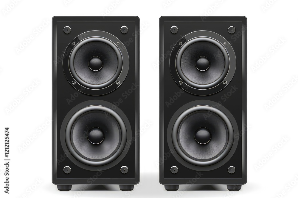 Fototapeta premium Two black speakers designed for audio output and music playback. isolated on white background