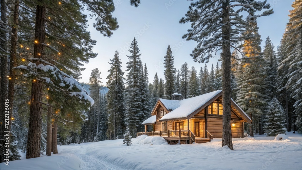 Cozy cabin nestled in a snowy forest surrounded by towering pine trees, rustic charm, peaceful retreat, snow-covered pines Cozy cabin nestled in a snowy forest surrounded by towering pine trees, rustic charm, peaceful retreat, snow-covered pines