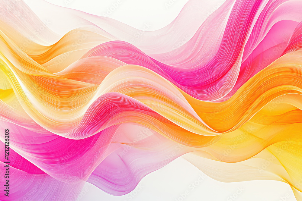 Fototapeta premium Swirling gradient lines create a dynamic abstract pattern in soft hues of pink, orange, and yellow on a gentle white background