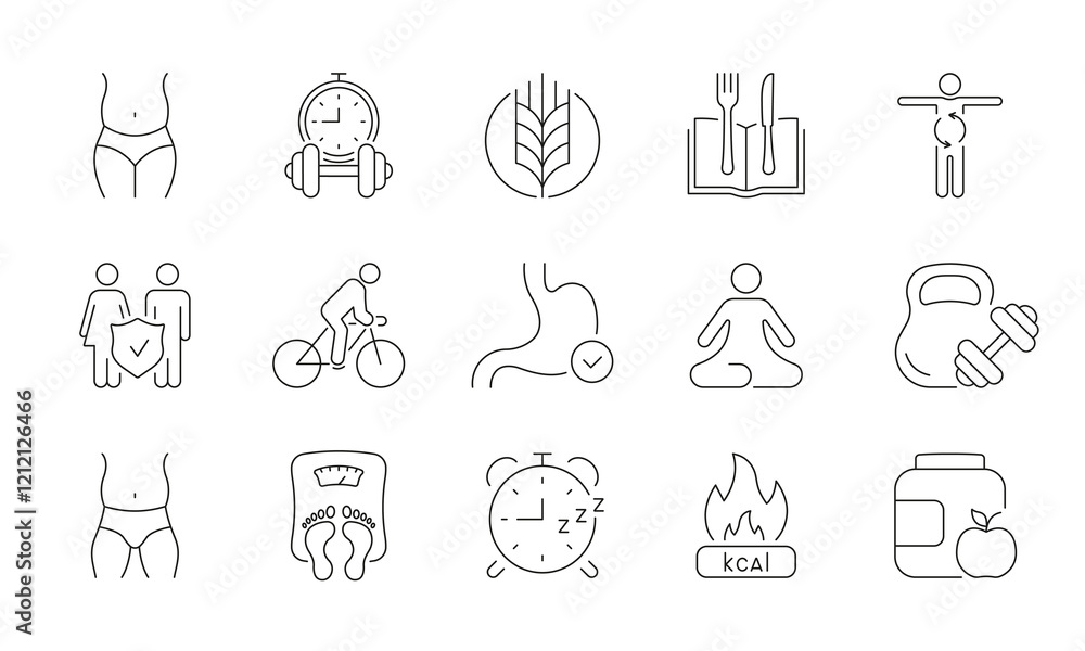 Exercise, Nutrition, Wellness Line Icon Set for Healthy Living. Calorie Burning and Weight Loss Concept. Yoga, Cycling, Workout Symbols. Editable Stroke. Isolated Vector Illustration Exercise, Nutrition, Wellness Line Icon Set for Healthy Living. Calorie Burning and Weight Loss Concept. Yoga, Cycling, Workout Symbols. Editable Stroke. Isolated Vector Illustration
