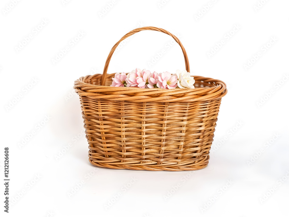 A wicker basket with a red-checked cloth, ideal for picnic or rustic lifestyle visuals isolated on white background. Generative AI A wicker basket with a red-checked cloth, ideal for picnic or rustic lifestyle visuals isolated on white background. Generative AI