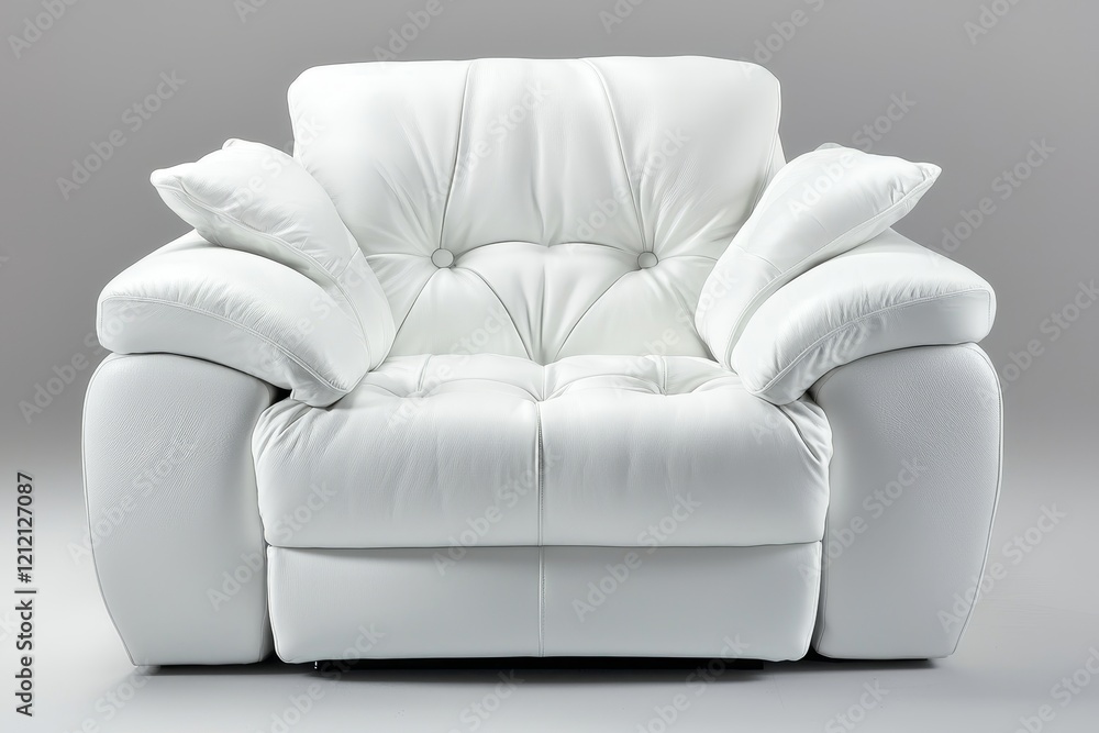 Naklejka premium A comfortable beige white leather armchair with metal framing and chrome legs is prominently displayed on a white background, embodying modern and futuristic furniture in an interior home design