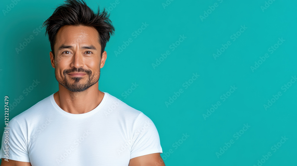 cheerful Asian man with bright demeanor against turquoise background cheerful Asian man with bright demeanor against turquoise background