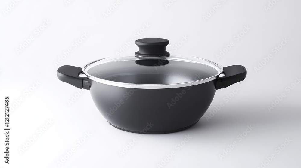 Cooking pot with boiling water and steam under a glass lid, showcasing the cooking process in action on a solid white background. Cooking pot with boiling water and steam under a glass lid, showcasing the cooking process in action on a solid white background.