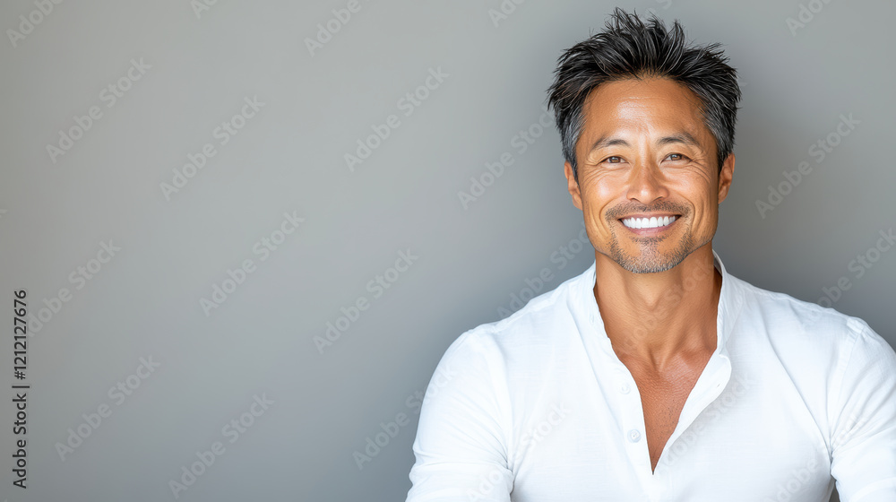 confident man smiling in light gray background, showcasing happiness and warmth confident man smiling in light gray background, showcasing happiness and warmth