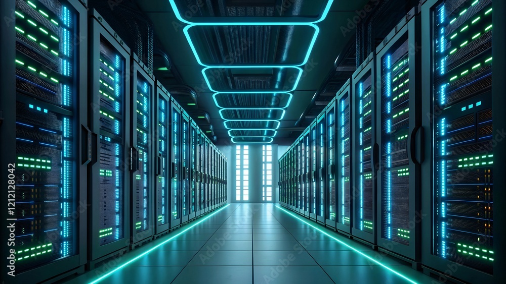 Fototapeta premium Data center interior, with rows of servers and glowing neon lights, symbolizing technology, data storage and digital infrastructure. AI supercomputer.
