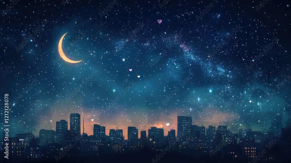 Magical valentine's night sky with heart-shaped constellations and crescent moon over silhouetted cityscape Magical valentine's night sky with heart-shaped constellations and crescent moon over silhouetted cityscape