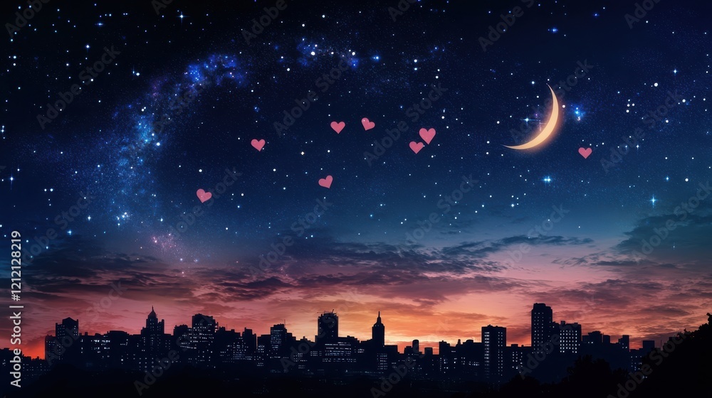 Magical valentine's night city skyline digital art starry sky romantic view heart-shaped constellations Magical valentine's night city skyline digital art starry sky romantic view heart-shaped constellations