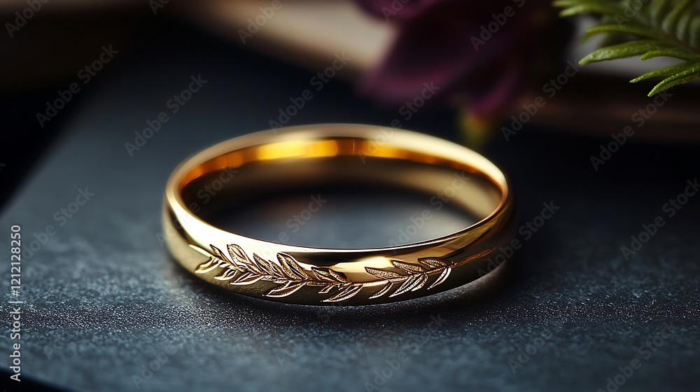 Gold wedding band with leaf design, close-up shot Gold wedding band with leaf design, close-up shot