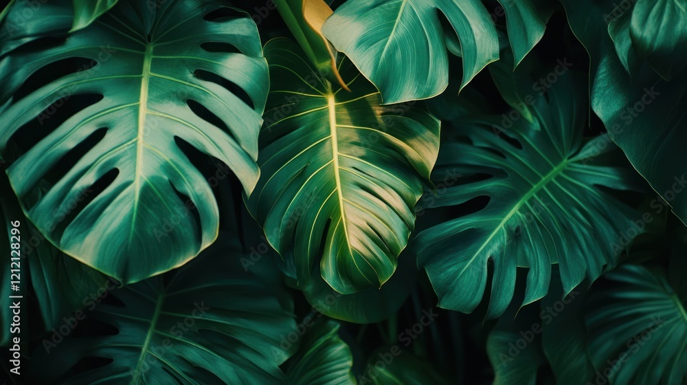 Fototapeta premium Creative tropical leaf border featuring layered monstera and banana leaves in dynamic layouts.