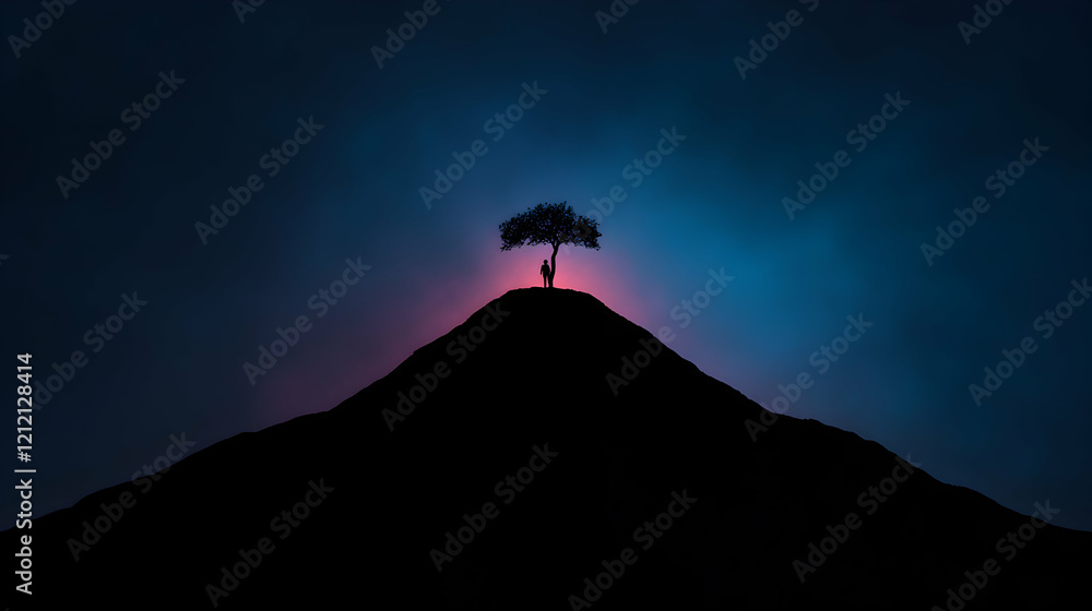 Minimal art, Minimalist image of a person looking at a tree on top of a mountain at night, with a colorful sky Minimal art, Minimalist image of a person looking at a tree on top of a mountain at night, with a colorful sky